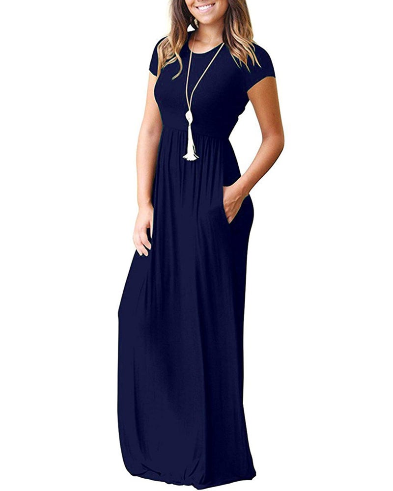 MISFAY Women Short Sleeve Loose Plain Maxi Dresses Casual Long Dresses Pockets(Navy Blue,M) - Image 2